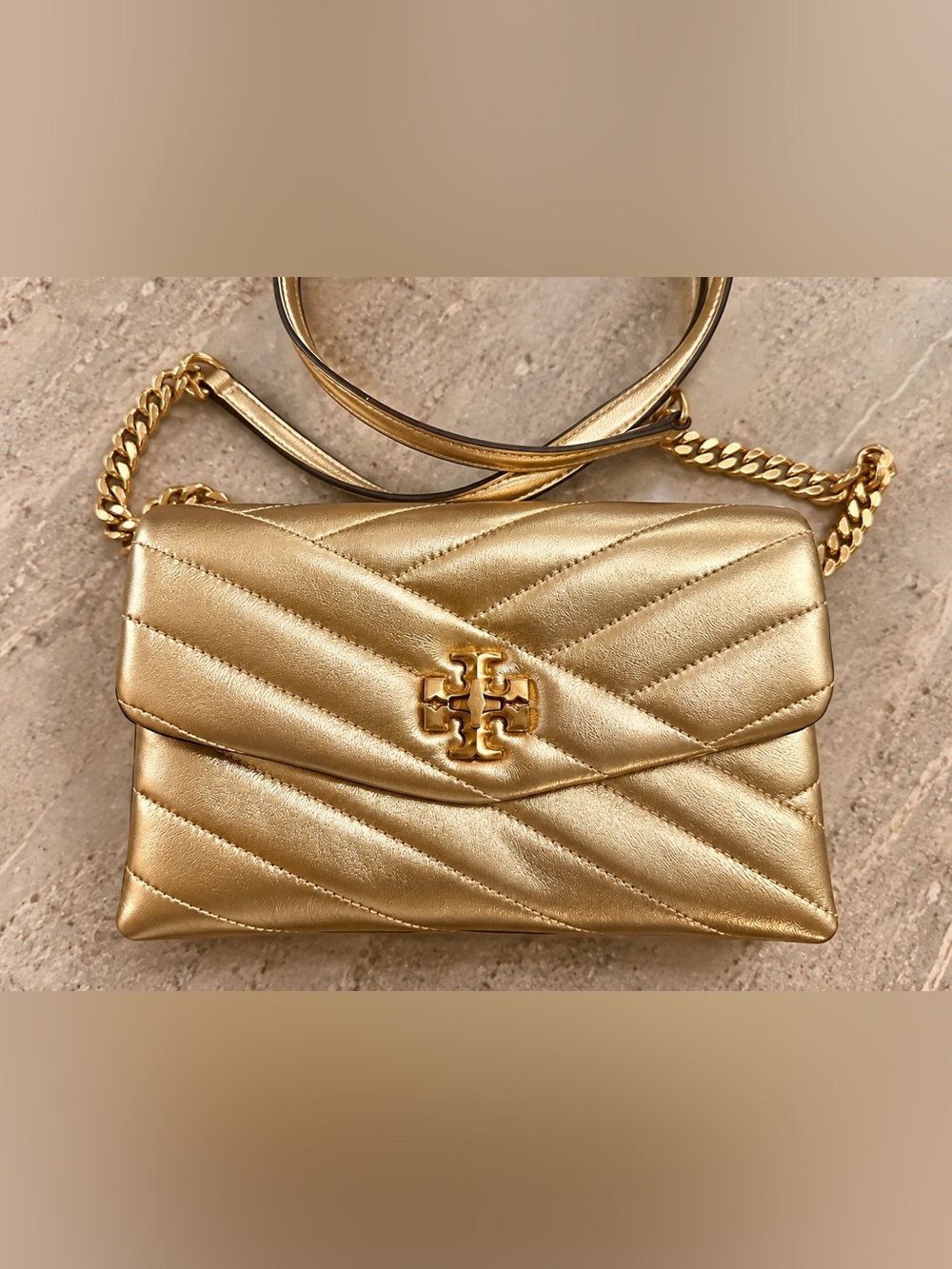 Tory Burch Metallic Gold Quilted Chevron Crossbody